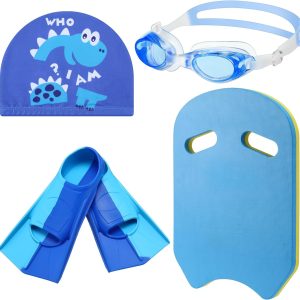4 Pcs Swim Training Set Swimming Goggles Swim Cap Youth Swimming Fins Silicone Flippers Kickboard for Kids