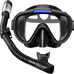 Snorkel Set Adults Snorkeling Gear Anti-Fog Panoramic View Swim Mask Dry Top Snorkel Kit with Carry Bag for Snorkeling Scuba Diving Swimming Travel