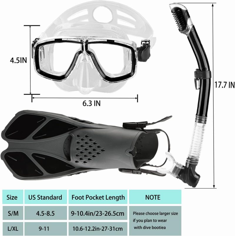 2022 Version Adults Mask Fins Snorkel Set, Snorkeling Gear for Adult with Fins, Snorkel Sets with Flippers, Adult Anti Leak Scuba Gear with Adjustable Fins Diving Mask Full Dry Top Snorkel with Bag
