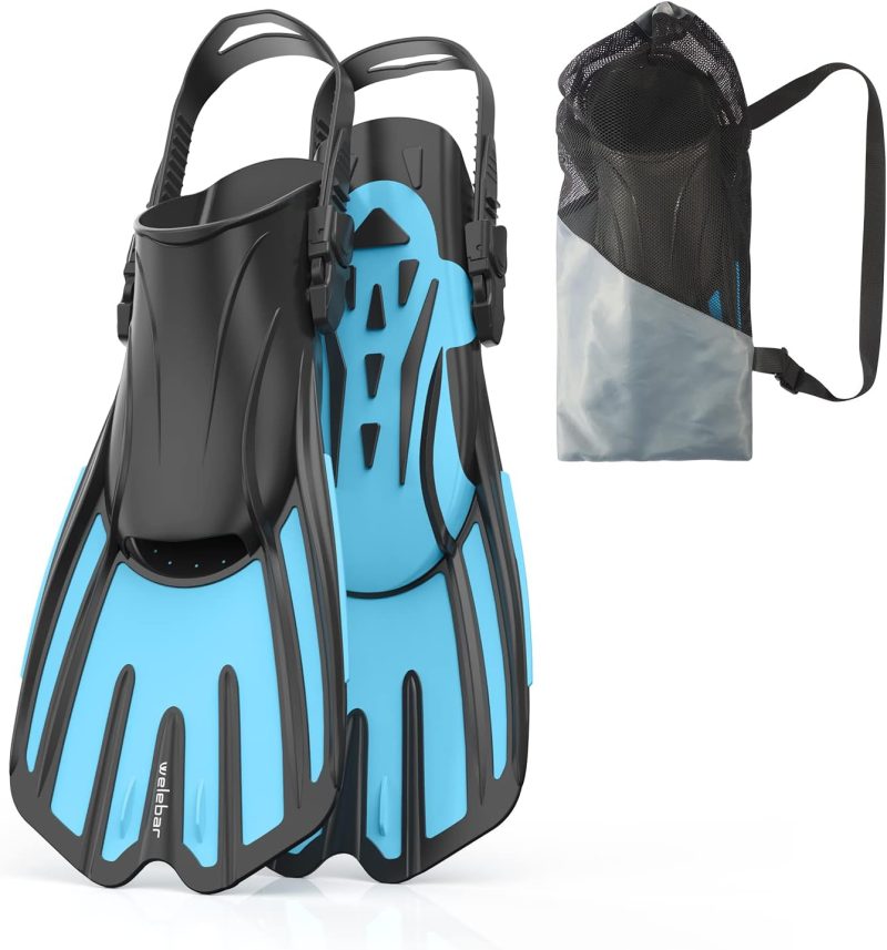 Swim Fins, Snorkel Fins with Adjustable Open Heel for Snorkeling, Diving, Swimming, Travel Size Snorkel Fins for Adult Men Women