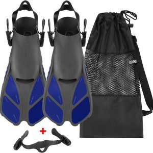 Snorkel Fins, Travel Size Adjustable Strap Diving Flippers with Mesh Bag and Extra Buckle Connector for Men Women Snorkeling Diving Swimming