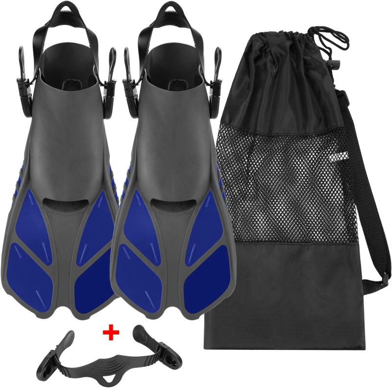 Snorkel Fins, Travel Size Adjustable Strap Diving Flippers with Mesh Bag and Extra Buckle Connector for Men Women Snorkeling Diving Swimming