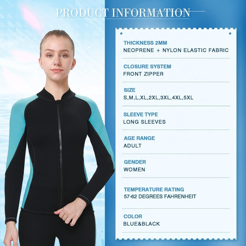Wetsuit Top Women 2mm Neoprene Jacket, Long Sleeves Front Zipper Ladies Wet Suit 1.5mm for Surfing Diving Swimming Snorkeling Kayaking