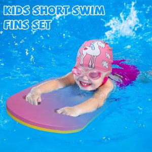 4 Pcs Swim Training Set Swimming Goggles Swim Cap Youth Swimming Fins Silicone Flippers Kickboard for Kids