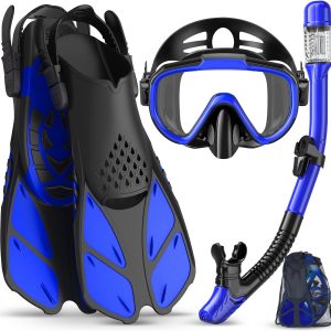 Snorkeling Gear for Adults Men Women,4 in 1 Snorkel Set with Panoramic View Diving Mask Anti-Fog Anti-Leak,Dry Top Snorkel,Fins and Travel Bag for Swimming,Snorkeling and Travel Diving