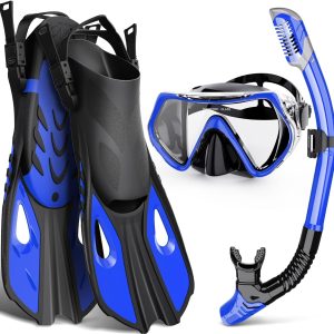 Mask Fin Snorkel Set, Snorkeling Gear for Adults with Panoramic View Mask, Dry Top Snorkel, Adjustable Swim Fins and Travel Bag, Man Woman Snorkel Gear for Swimming Snorkeling Diving
