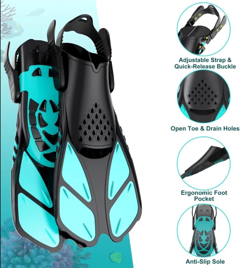 Snorkel Fins, Adjustable Buckles Open Heel Swim Flippers, Snorkeling Gear Flippers, Travel Size Short Swim Fins for Snorkeling Diving Swimming Adult Men Womens