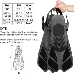 Snorkel Fins, Travel Size Adjustable Strap Diving Flippers with Mesh Bag and Extra Buckle Connector for Men Women Snorkeling Diving Swimming