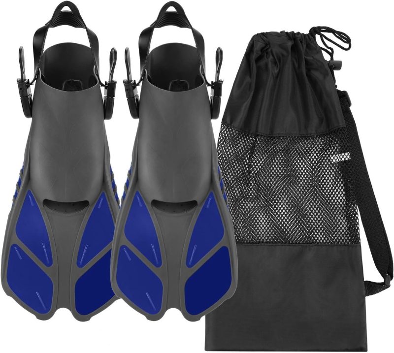 Snorkel Fins, Travel Size Adjustable Strap Diving Flippers with Mesh Bag and Extra Buckle Connector for Men Women Snorkeling Diving Swimming