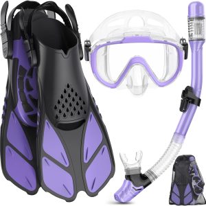 Snorkeling Gear for Adults Men Women,4 in 1 Snorkel Set with Panoramic View Diving Mask Anti-Fog Anti-Leak,Dry Top Snorkel,Fins and Travel Bag for Swimming,Snorkeling and Travel Diving