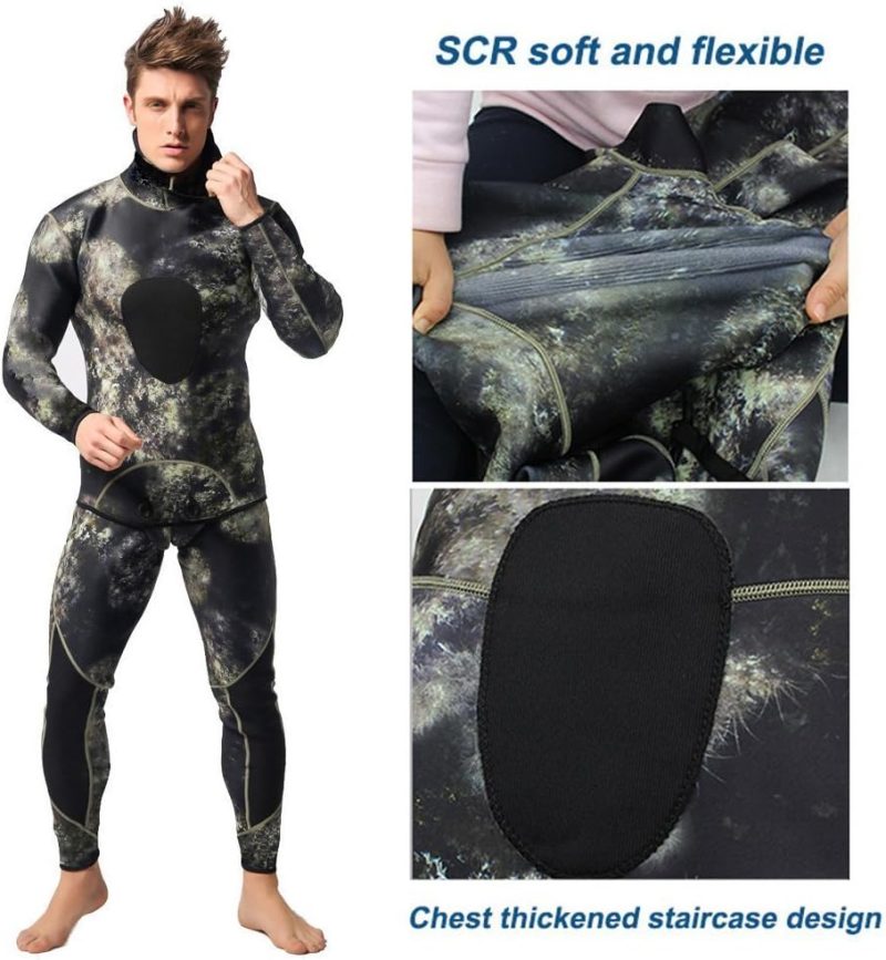 Camo Spearfishing Wetsuits Men 3mm /1.5mm Neoprene 2-Pieces Hooded Super Stretch Diving Suit