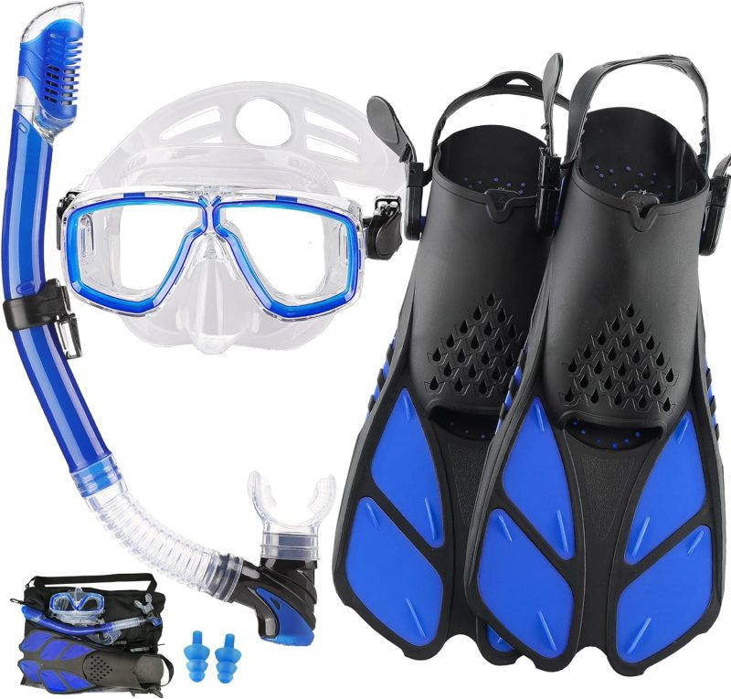 2022 Version Adults Mask Fins Snorkel Set, Snorkeling Gear for Adult with Fins, Snorkel Sets with Flippers, Adult Anti Leak Scuba Gear with Adjustable Fins Diving Mask Full Dry Top Snorkel with Bag