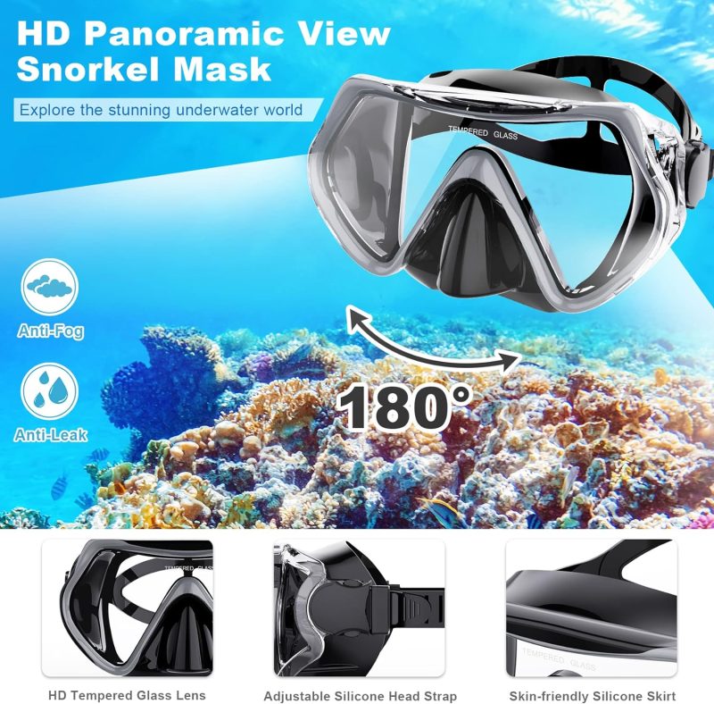 Mask Fin Snorkel Set, Snorkeling Gear for Adults with Panoramic View Mask, Dry Top Snorkel, Adjustable Swim Fins and Travel Bag, Man Woman Snorkel Gear for Swimming Snorkeling Diving