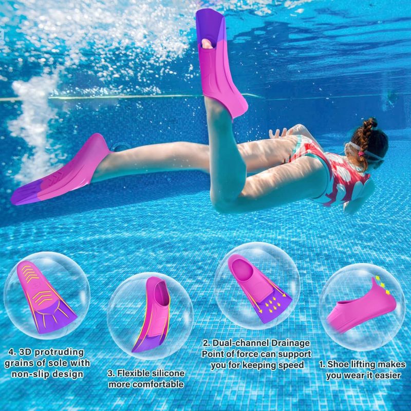 Swim Fins, Kids Swim Training Fins for Lap Swimming, Travel Size Flippers with Mesh Bag, Silicone Swimming Fins for Kids Teens Adults Women Men