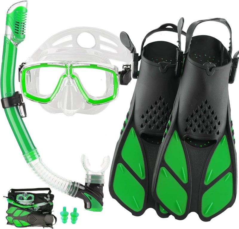 2022 Version Adults Mask Fins Snorkel Set, Snorkeling Gear for Adult with Fins, Snorkel Sets with Flippers, Adult Anti Leak Scuba Gear with Adjustable Fins Diving Mask Full Dry Top Snorkel with Bag