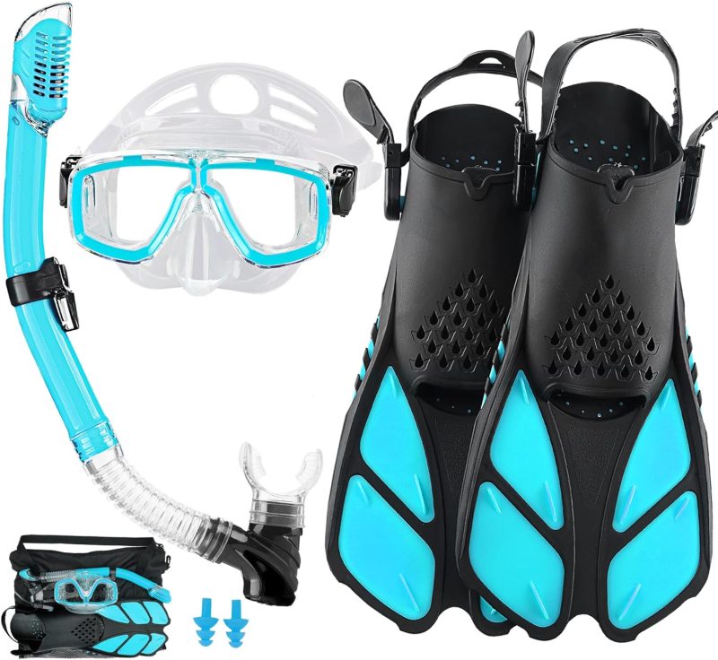 2022 Version Adults Mask Fins Snorkel Set, Snorkeling Gear for Adult with Fins, Snorkel Sets with Flippers, Adult Anti Leak Scuba Gear with Adjustable Fins Diving Mask Full Dry Top Snorkel with Bag