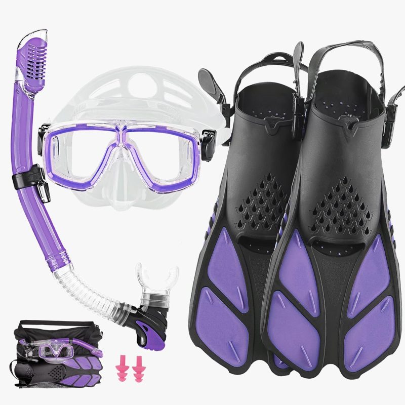 2022 Version Adults Mask Fins Snorkel Set, Snorkeling Gear for Adult with Fins, Snorkel Sets with Flippers, Adult Anti Leak Scuba Gear with Adjustable Fins Diving Mask Full Dry Top Snorkel with Bag