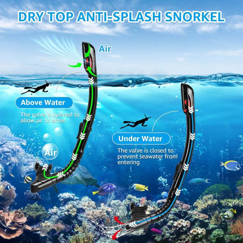 Snorkeling Gear for Adults, Snorkel Mask Adult Set Wide View Scuba Mask Anti-Leak and Anti-Fog Tempered Glass Lens Dry Top Mask Nose Cover for Youth