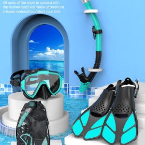 Snorkeling Gear for Adults Men Women,4 in 1 Snorkel Set with Panoramic View Diving Mask Anti-Fog Anti-Leak,Dry Top Snorkel,Fins and Travel Bag for Swimming,Snorkeling and Travel Diving