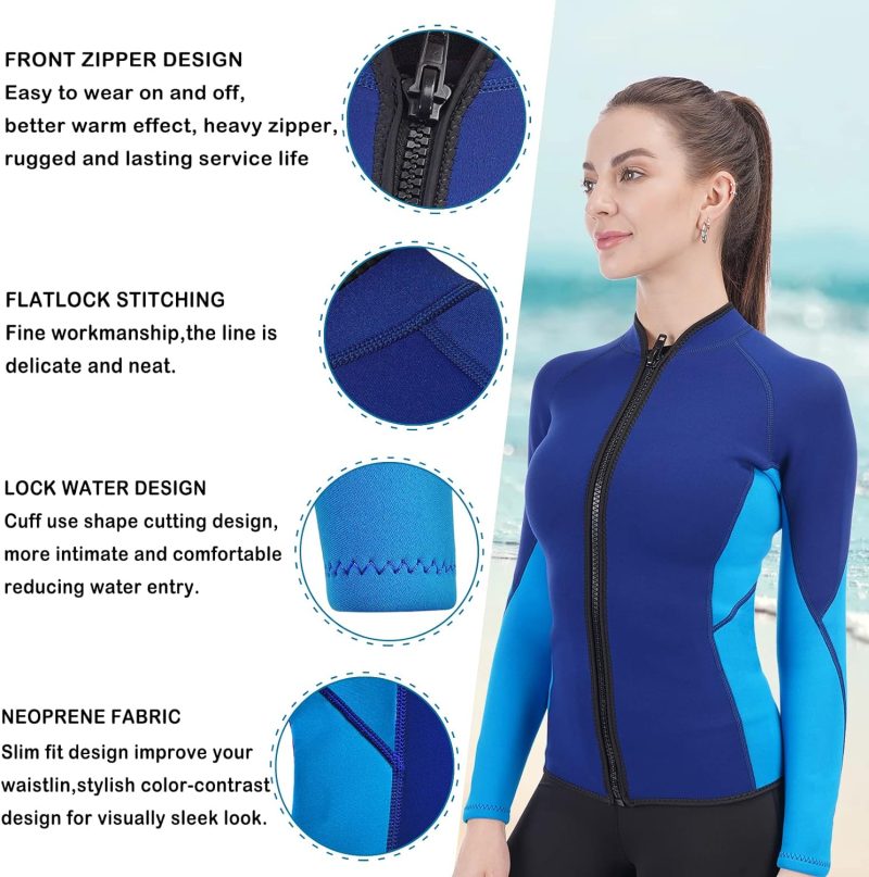 Women Wetsuit Top Swim Jacket Mens Youth Wet Suit Shirt 2mm Neoprene Thermal Swimsuit Front Zip Long Sleeve Cold Water Keep Warm Snorkeling Diving Surfing
