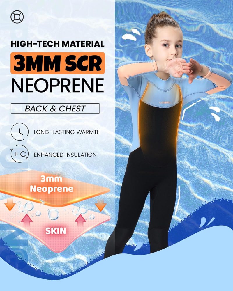 Kids Wetsuit for Girls 3/2mm CR Neoprene Thermal Diving Suits Back Zip UV Protection Full Wetsuit for Swimming Diving Surfing Snorkeling