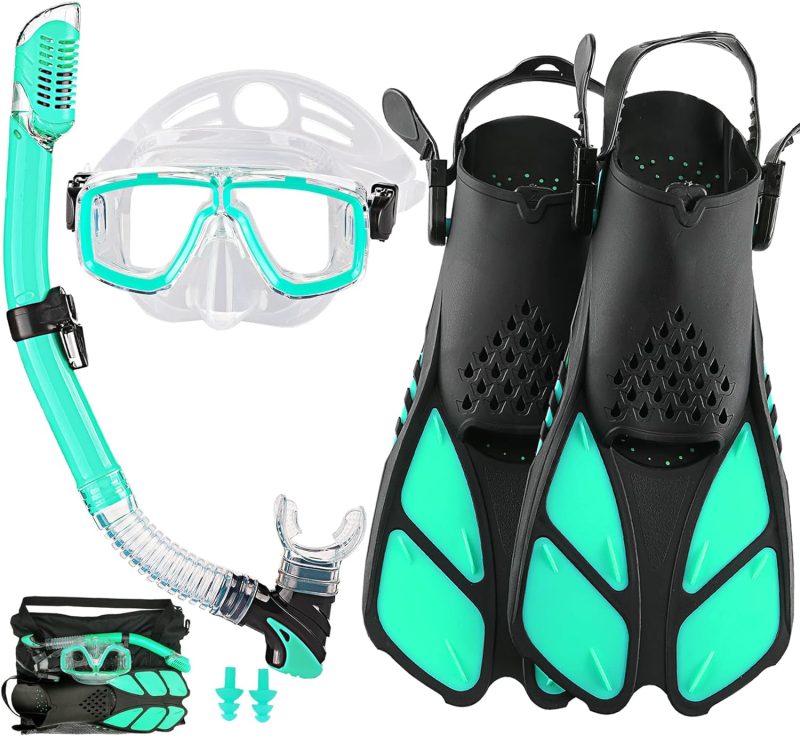 2022 Version Adults Mask Fins Snorkel Set, Snorkeling Gear for Adult with Fins, Snorkel Sets with Flippers, Adult Anti Leak Scuba Gear with Adjustable Fins Diving Mask Full Dry Top Snorkel with Bag