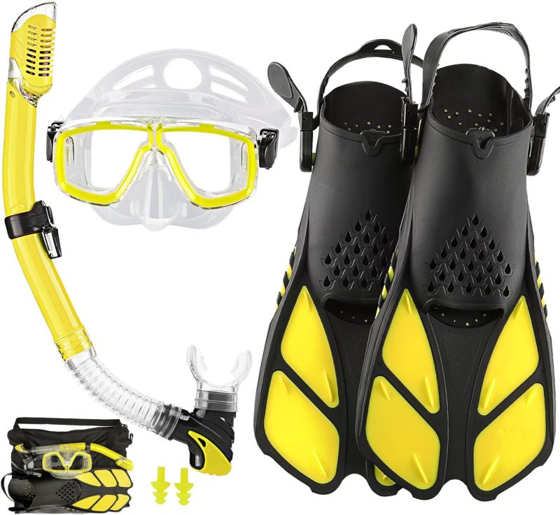 2022 Version Adults Mask Fins Snorkel Set, Snorkeling Gear for Adult with Fins, Snorkel Sets with Flippers, Adult Anti Leak Scuba Gear with Adjustable Fins Diving Mask Full Dry Top Snorkel with Bag