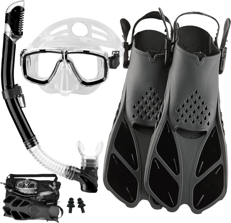 2022 Version Adults Mask Fins Snorkel Set, Snorkeling Gear for Adult with Fins, Snorkel Sets with Flippers, Adult Anti Leak Scuba Gear with Adjustable Fins Diving Mask Full Dry Top Snorkel with Bag