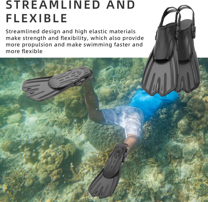 Swim Fins, Snorkel Fins with Adjustable Open Heel for Snorkeling, Diving, Swimming, Travel Size Snorkel Fins for Adult Men Women