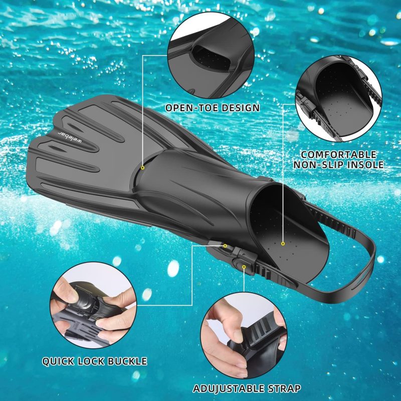 Swim Fins, Snorkel Fins with Adjustable Open Heel for Snorkeling, Diving, Swimming, Travel Size Snorkel Fins for Adult Men Women