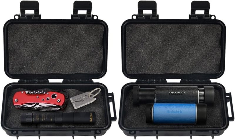 Waterproof Box Shockproof Dry Storage Box, Hard Plastic Protective Grip Carry Touch Phone Case + Foam + Handle for Fishing Camping Hiking (Small -Black)