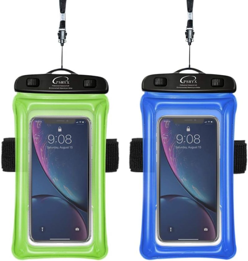 Universal 100 Feet Waterproof Phone Pouch Floating Case with Arm Band for iPhone 13 12 11 Pro Max XS XR X 8 7 6S Plus Samsung Google LG Phone up to 7 Inch (Pack of 2) (Blue+Green)