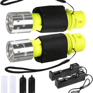 Diving Flashlight with Rechargeable Power Scuba Dive Light IPX8 Waterproof Underwater Flashlight Snorkeling Diving LED High Lumens Torch, 3 Modes with Charger for Underwater Sports(2Pack)