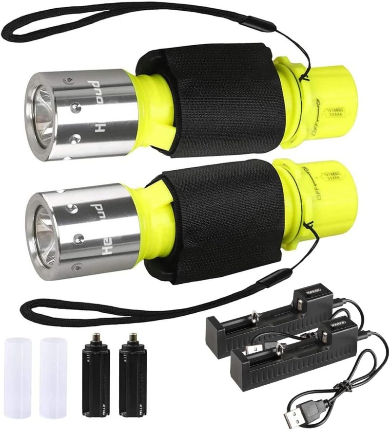 Diving Flashlight with Rechargeable Power Scuba Dive Light IPX8 Waterproof Underwater Flashlight Snorkeling Diving LED High Lumens Torch, 3 Modes with Charger for Underwater Sports(2Pack)