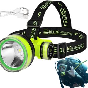 61uyH6OY8VL._AC_SL1500 Waterproof Led Head Lamp, Scuba Gear Dive Head Light Underwater Flashlight, IPX8 Waterproof USB Rechargeable Scuba Diving Gear Diving Light, 350M Lighting Distance 2 Lighting Modes