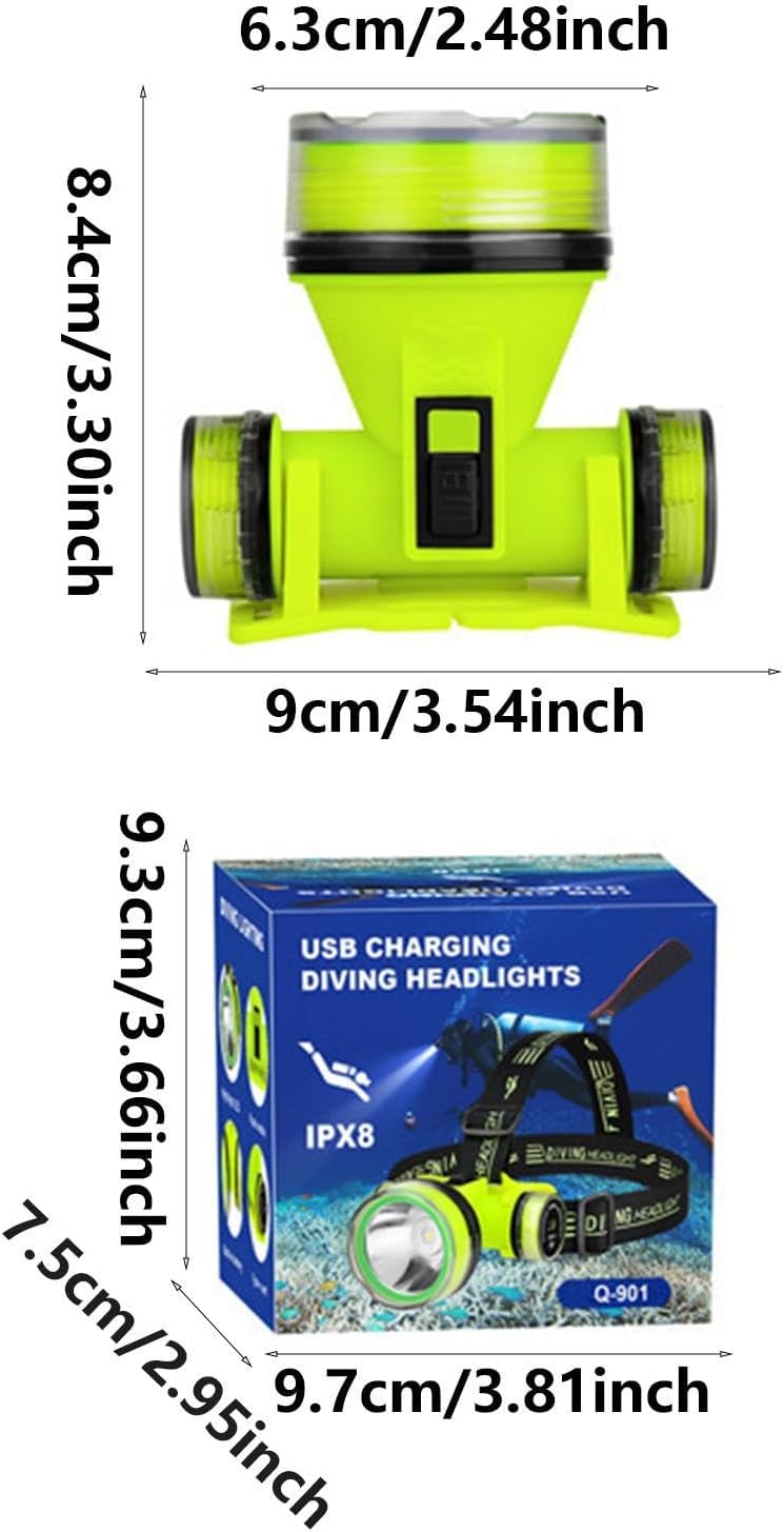 Waterproof Led Head Lamp, Scuba Gear Dive Head Light Underwater Flashlight, IPX8 Waterproof USB Rechargeable Scuba Diving Gear Diving Light, 350M Lighting Distance 2 Lighting Modes