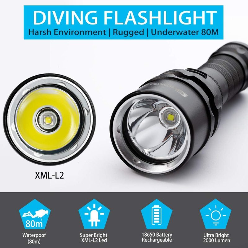 Scuba Diving Flashlight Dive Torch 2000 Lumen Waterproof Underwater XM-L2 LED Submarine Lights Holder with Rechargeable Battery, Charger for Under Water Deep Sea Cave at Night