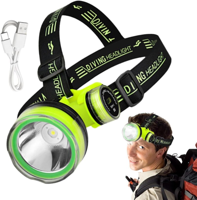 Waterproof Led Head Lamp, Scuba Gear Dive Head Light Underwater Flashlight, IPX8 Waterproof USB Rechargeable Scuba Diving Gear Diving Light, 350M Lighting Distance 2 Lighting Modes