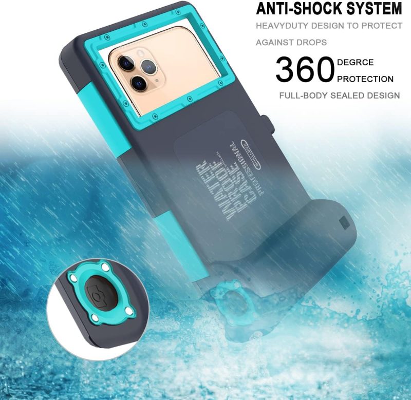 Professional [15m/50ft] Snorkeling Underwater Phone case Swimming Diving Case Photo Video Waterproof Protective Housing for Galaxy and iPhone Series Smartphones with Lanyard Teal