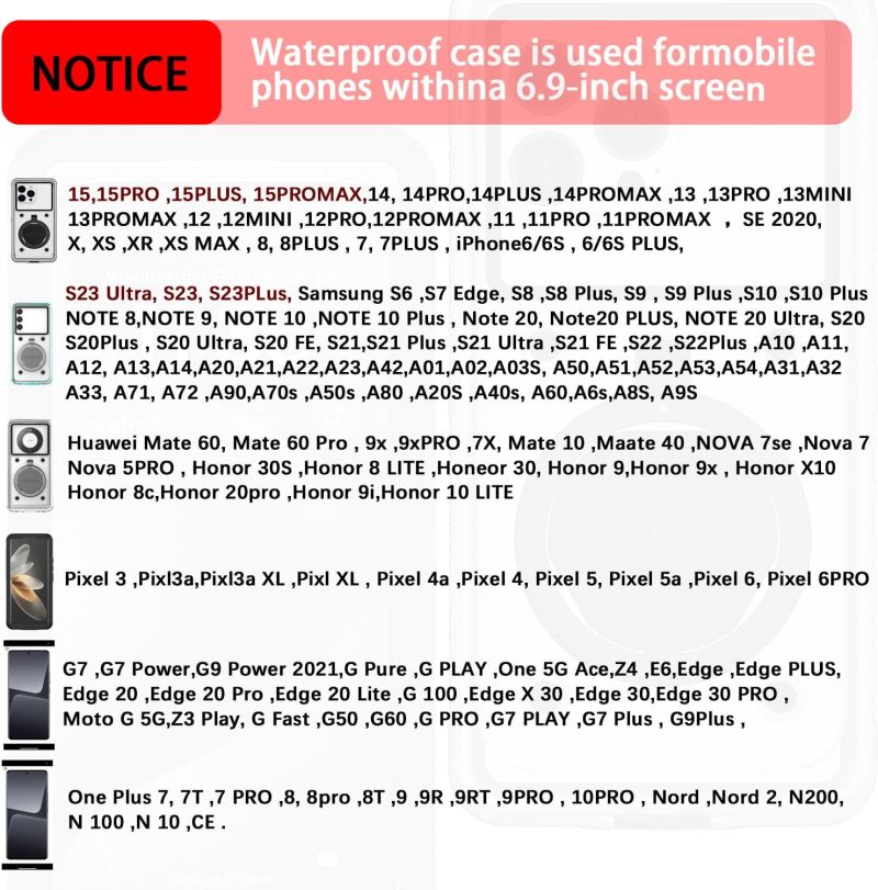 Waterproof Phone Case/Pouch,[15m/50ft] Photo&Video Self-Check Underwater Pouch Dry Bag Beach Travel Essentials Snorkeling Case for iPhone 15 14 13 11 12/Samsung S24/LG,Google/Xiaomi/Nokia/Motorola