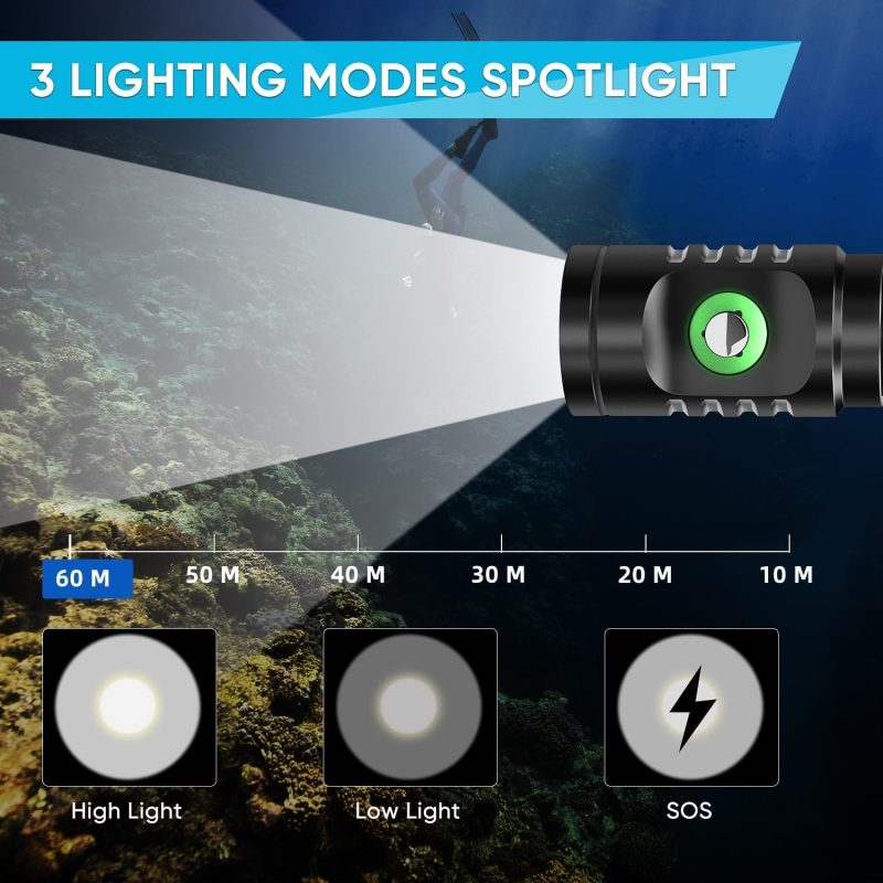 WINDFIRE Dive Lights Scuba Diving Flashlight, 5000LM Scuba Dive Light Rechargeable, IPX8 Waterproof Flashlight Underwater Lights, 3 Modes Diving Torch with Power Indicator for Night Diving