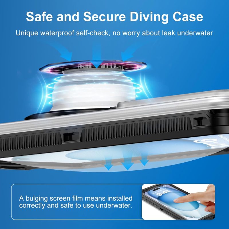 Beasyjoy Waterproof Phone Case, Underwater Snorkeling Diving Phone Case, Universal Self-Check Water Proof Case Up to 6.9 Inch for iPhone 15/14/13/12/11 and Samsung S24/S23/S22/Google Series - Black