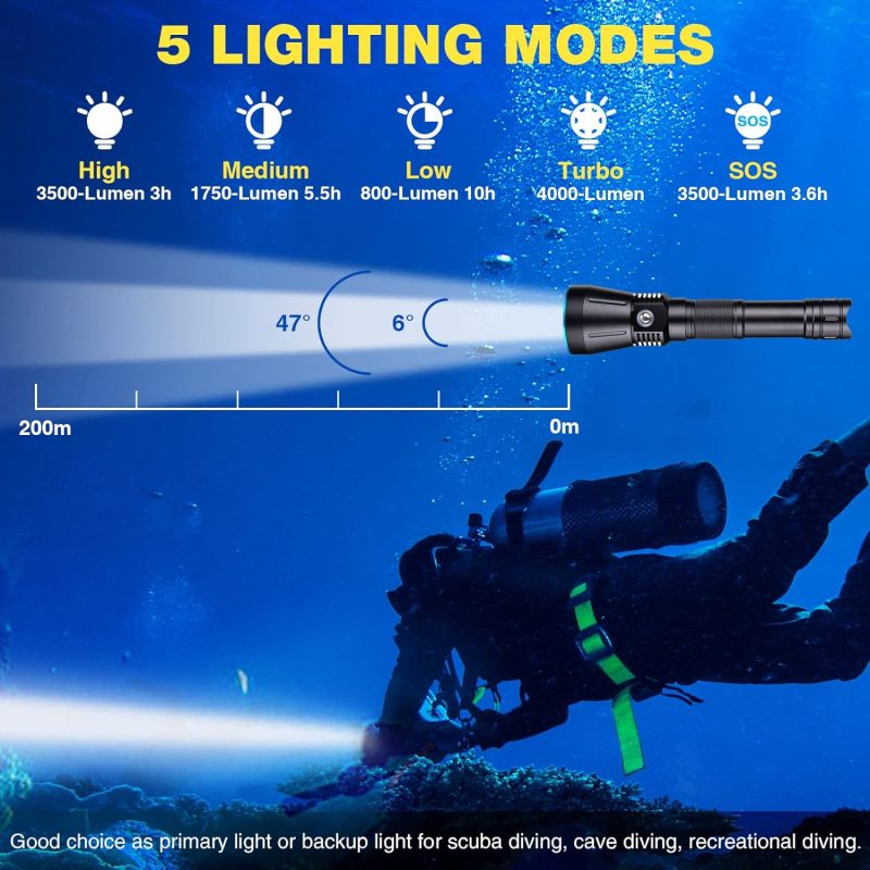 Dive Light DV16 4000 Lumens Dive Lights Scuba Diving IPX8 Waterproof Underwater Flashlight for Diving Snorkeling Caving Scuba Gear with Rechargeable Batteries and USB Charger