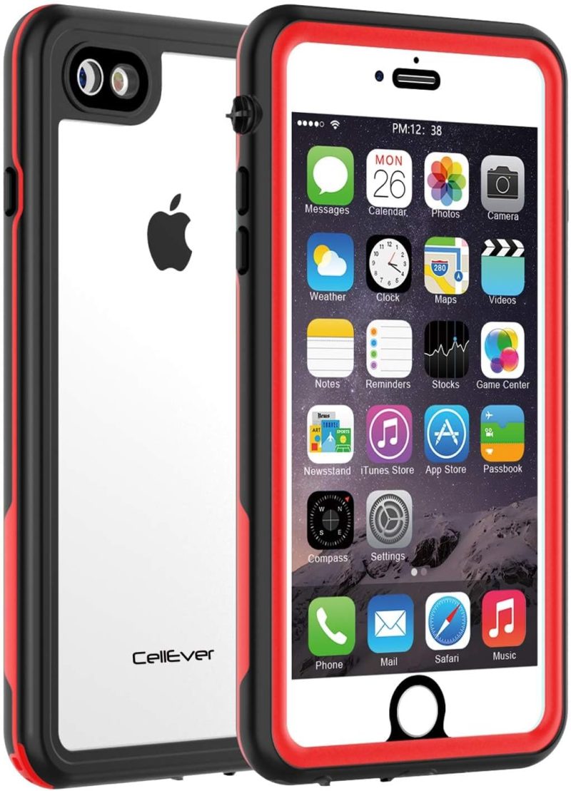 CellEver Waterproof Case for iPhone SE 2020 / iPhone 8 / iPhone 7, 4.7-Inch, Clear Waterproof IP68 Certified Shockproof Sandproof Snowproof Full Body Sealed Protective Transparent Cover KZ (Red)