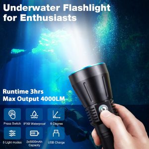 Dive Light DV16 4000 Lumens Dive Lights Scuba Diving IPX8 Waterproof Underwater Flashlight for Diving Snorkeling Caving Scuba Gear with Rechargeable Batteries and USB Charger
