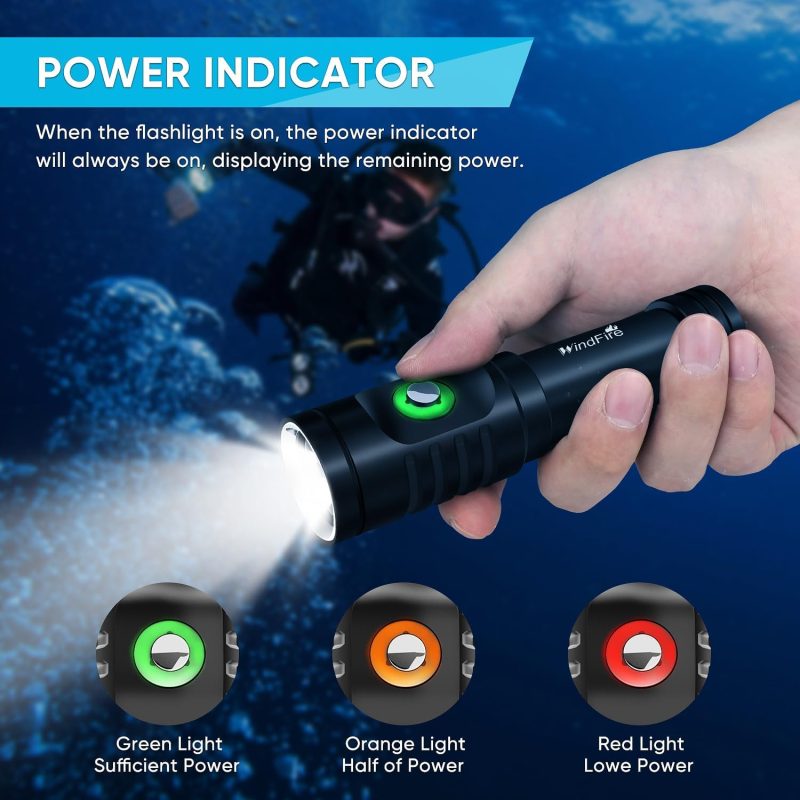 WINDFIRE Dive Lights Scuba Diving Flashlight, 5000LM Scuba Dive Light Rechargeable, IPX8 Waterproof Flashlight Underwater Lights, 3 Modes Diving Torch with Power Indicator for Night Diving