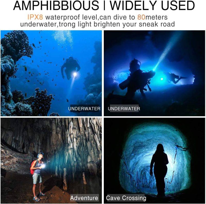 Scuba Diving Flashlight Dive Torch 2000 Lumen Waterproof Underwater XM-L2 LED Submarine Lights Holder with Rechargeable Battery, Charger for Under Water Deep Sea Cave at Night