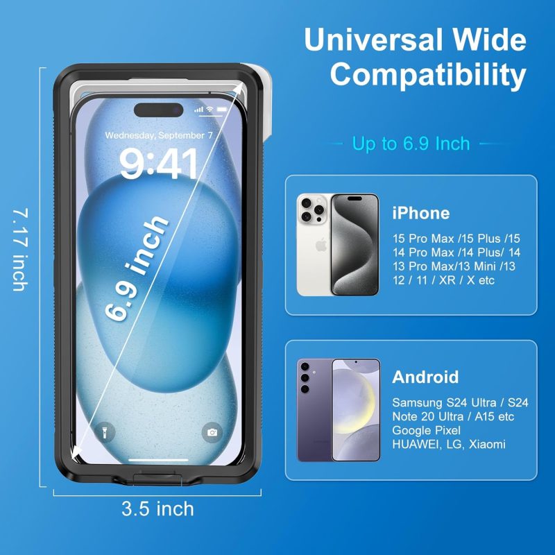 Beasyjoy Waterproof Phone Case, Underwater Snorkeling Diving Phone Case, Universal Self-Check Water Proof Case Up to 6.9 Inch for iPhone 15/14/13/12/11 and Samsung S24/S23/S22/Google Series - Black