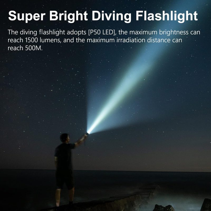 Diving Flashlight,Dual Lights 1500 Lumen Waterproof Diving Torch,Dive Lights Underwater 40M LED Flashlight,for Under Water Deep Sea Cave