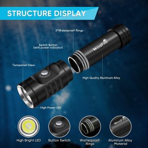 WINDFIRE Dive Lights Scuba Diving Flashlight, 5000LM Scuba Dive Light Rechargeable, IPX8 Waterproof Flashlight Underwater Lights, 3 Modes Diving Torch with Power Indicator for Night Diving